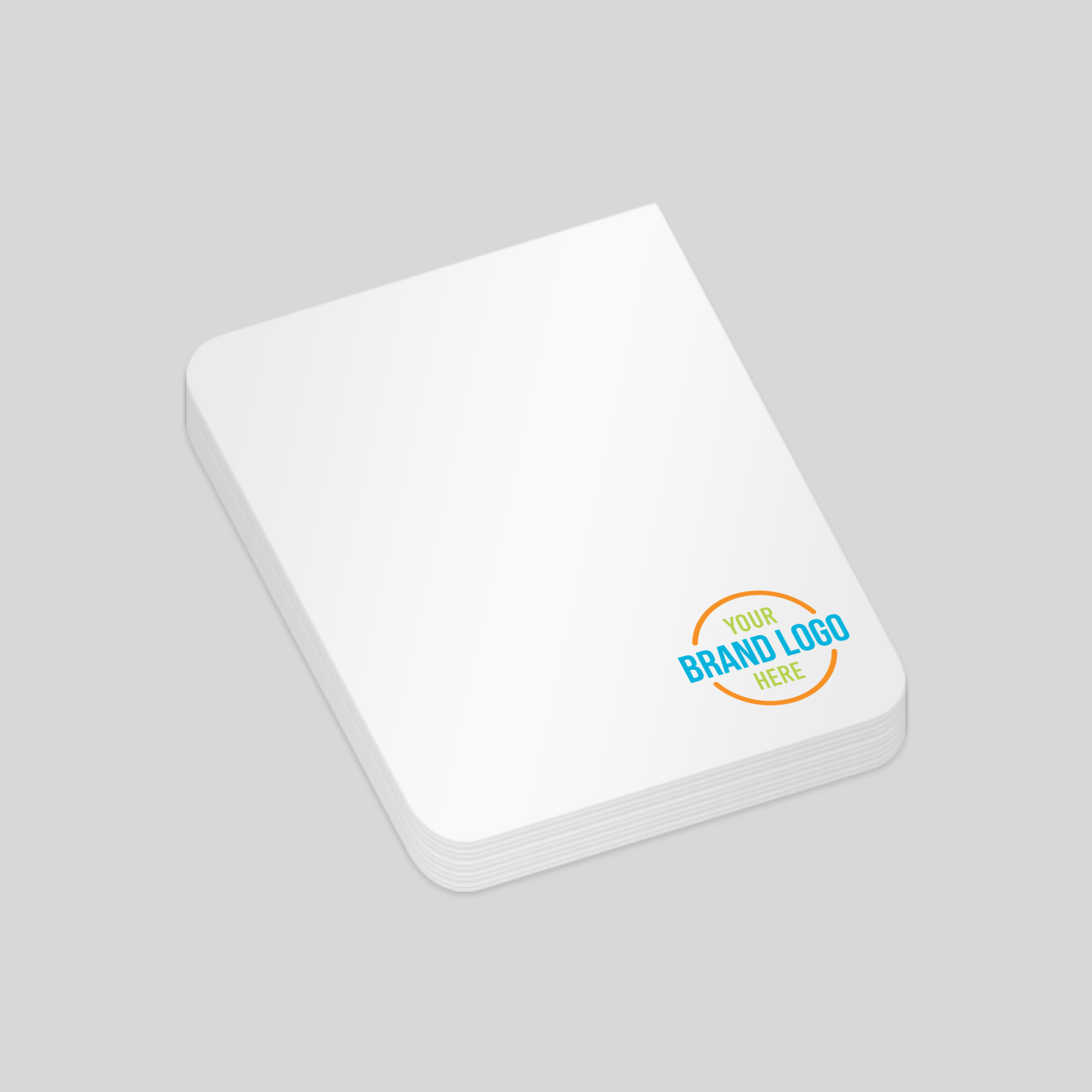 A notepad with a unique 3-rounded-corner design, measuring 67mm x 72mm. This stylish format is perfect for showcasing your brand with a modern and distinctive touch, ideal for corporate giveaways or event promotions.