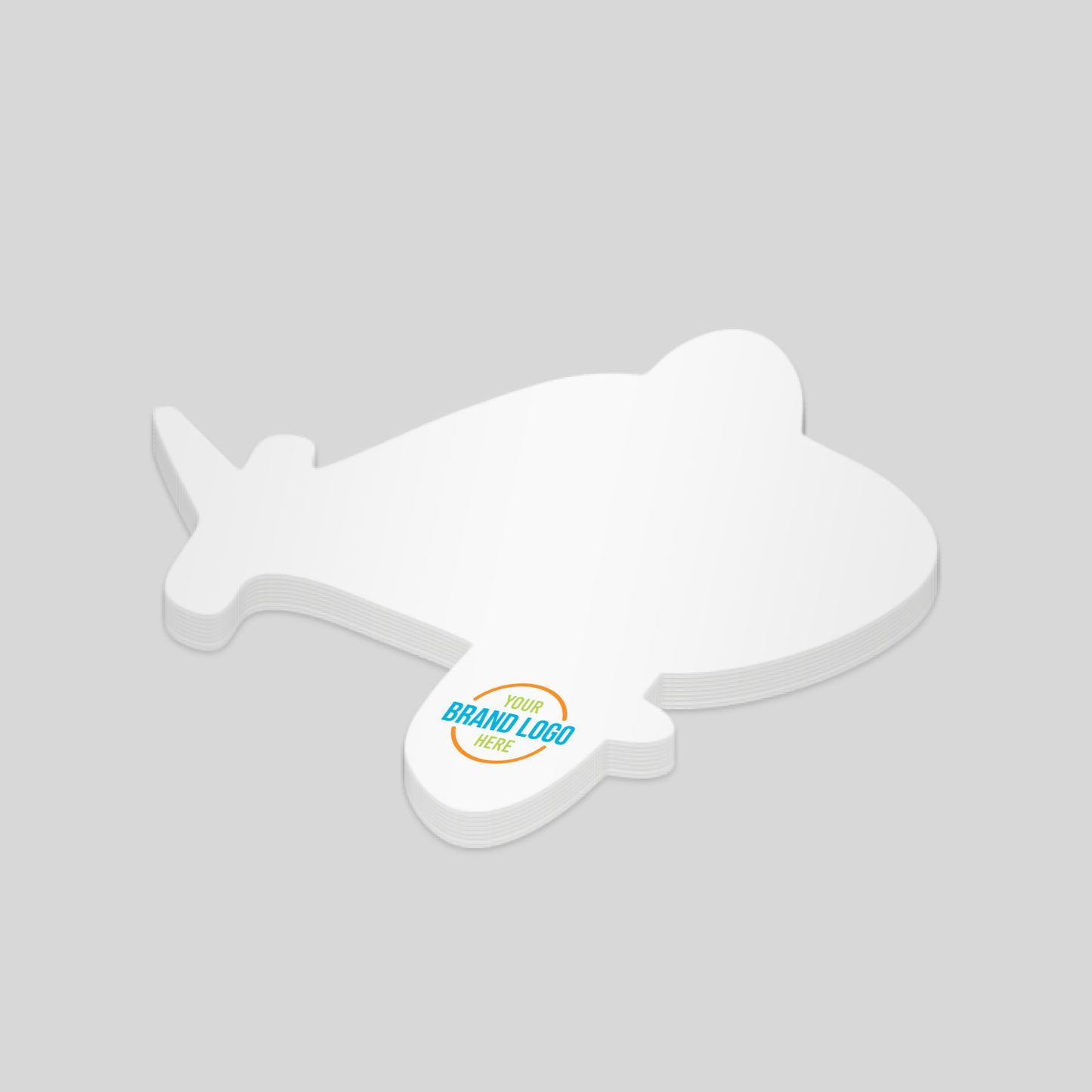 A custom notepad in an airplane shape, measuring 95mm x 63mm. This playful design is perfect for travel-related promotions or aviation businesses, allowing your brand to soar above the competition while offering a functional and fun giveaway.