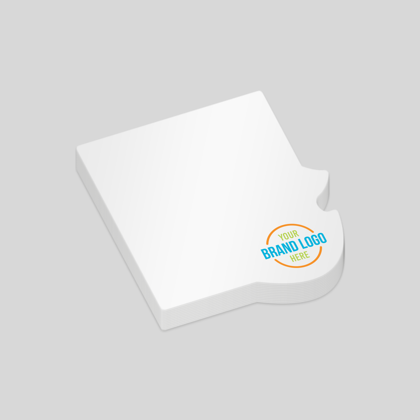 A custom-shaped notepad resembling the outline of a card corner, measuring 81mm x 73mm. This unique design is ideal for financial institutions, credit card companies, or businesses looking to offer a memorable and branded stationery item.