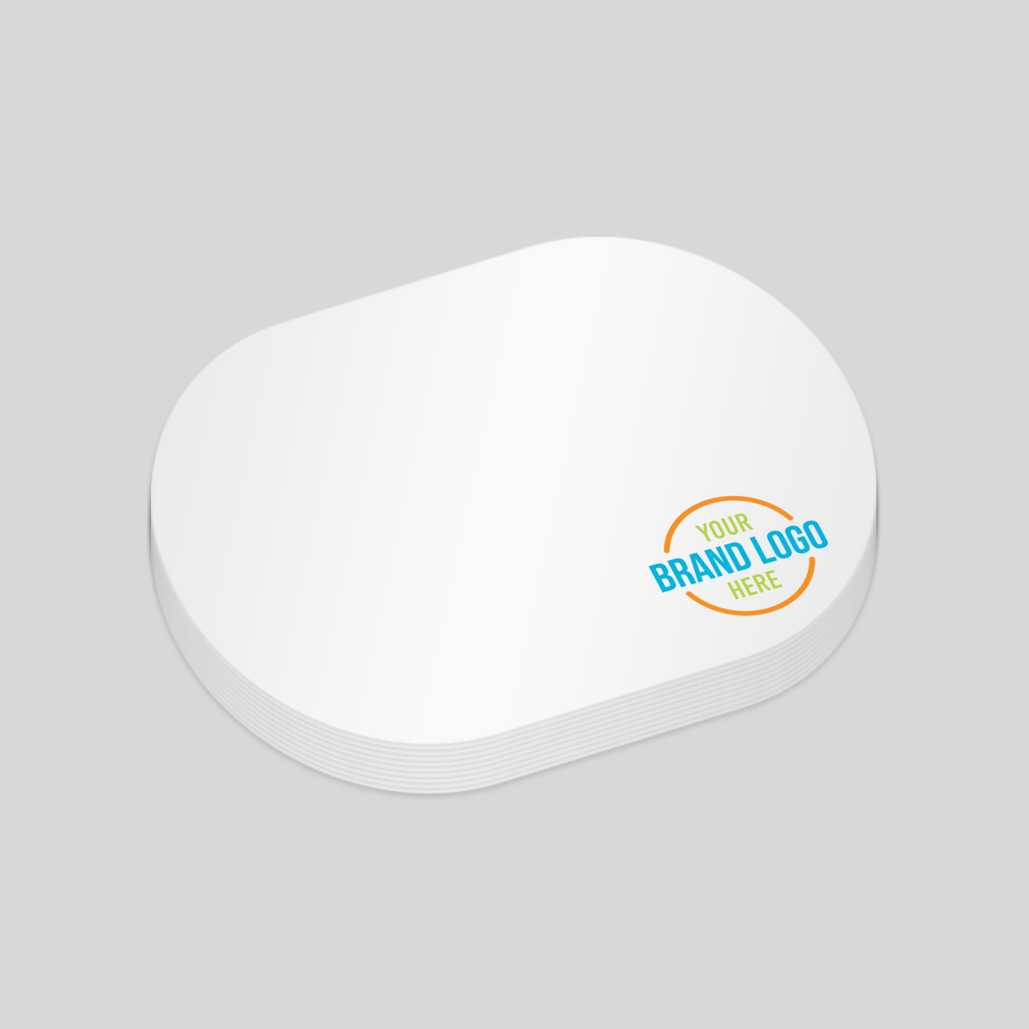 Oval-shaped notepad with a white surface and a customisable logo area at the bottom right corner. A sleek and versatile choice for promotional branding.