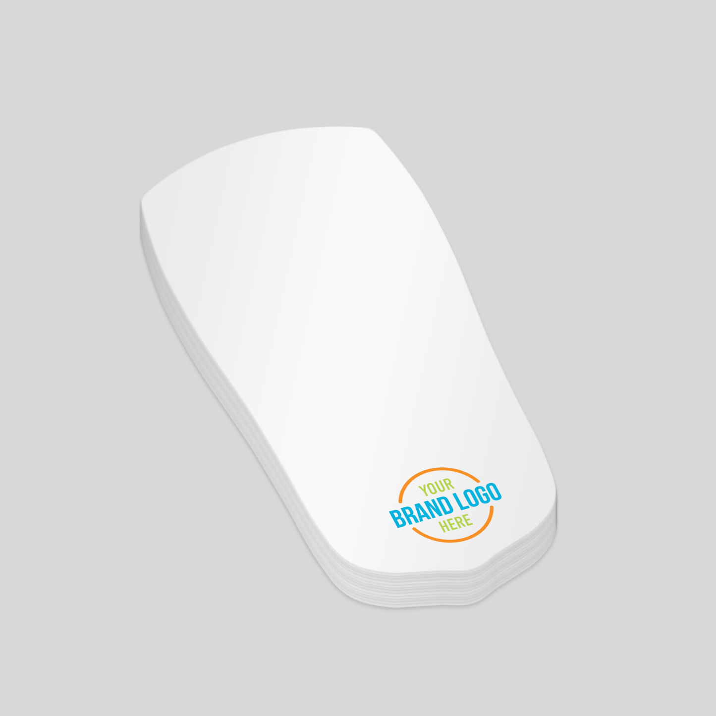 Curved rectangular-shaped notepad with a white surface and a customisable logo area at the bottom right corner. A sleek and professional option for promotional branding.