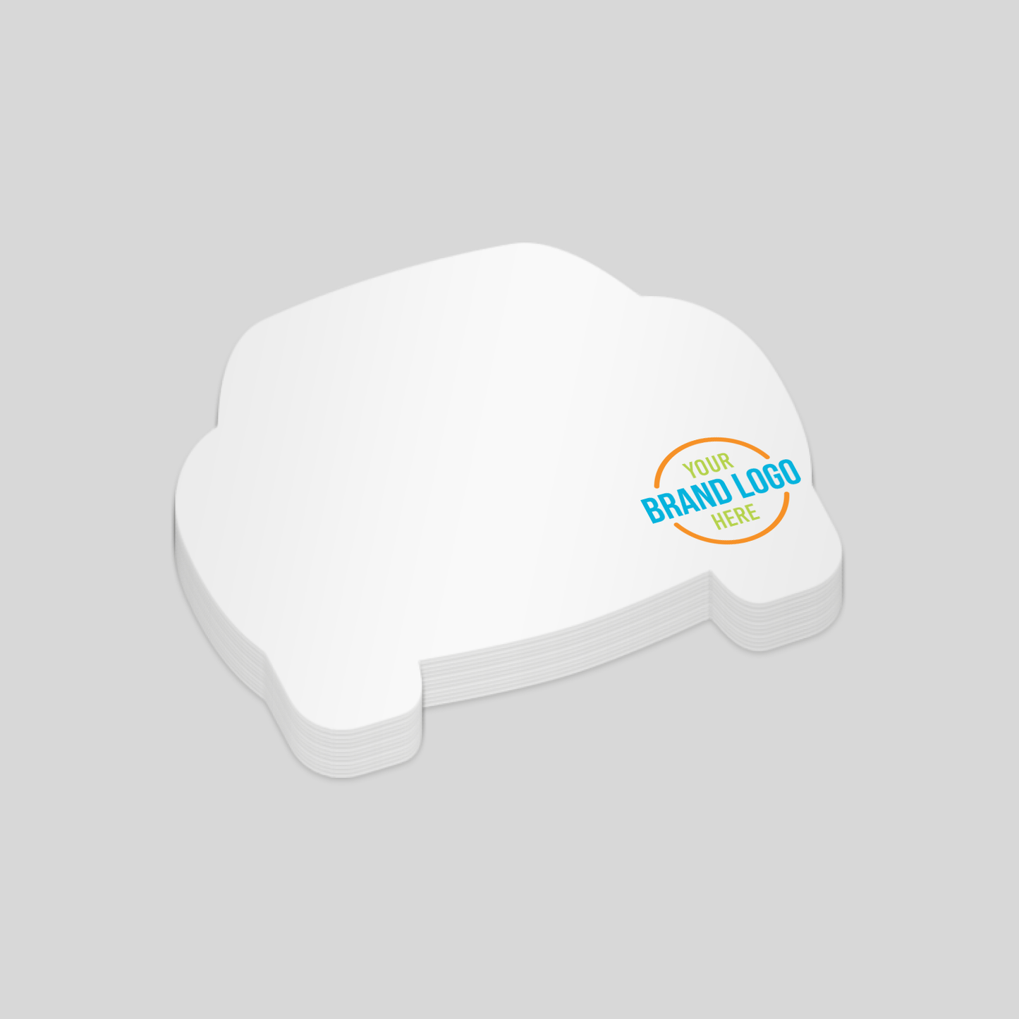 Car front-shaped notepad with a white surface and a customisable logo area at the bottom right corner. A playful and practical choice for automotive-themed promotional branding.