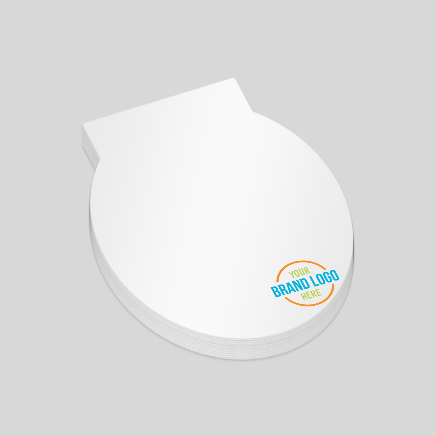 Clam-shaped notepad with a rounded base and a flat top, featuring a white surface and a customisable logo area at the bottom right corner. A stylish choice for unique promotional branding.
