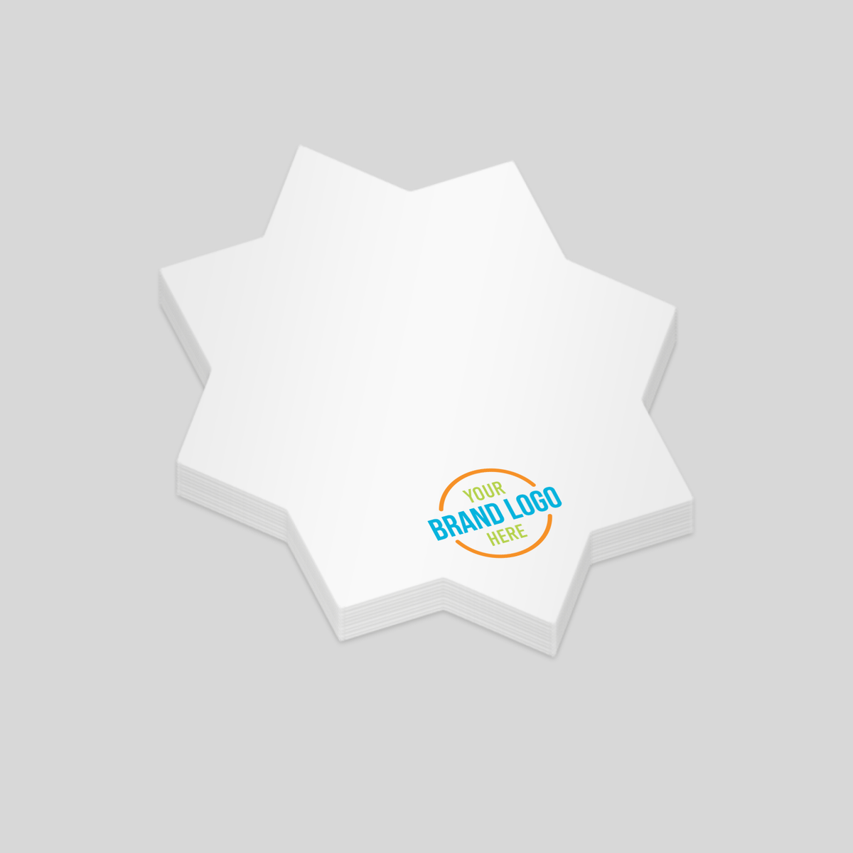 Starburst-shaped notepad with a white surface and a customisable logo area at the bottom right corner. A bold and eye-catching choice for promotional branding.