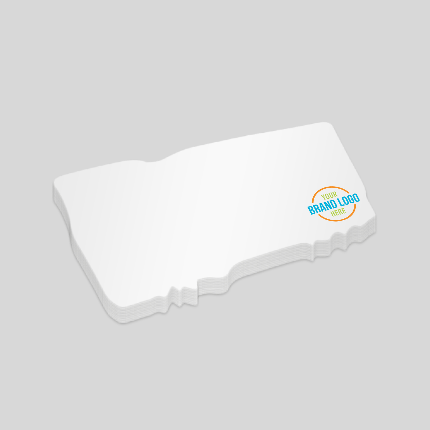 Custom irregular-shaped notepad with wavy edges, featuring a white surface and a customisable logo area at the bottom right corner. A unique and creative choice for promotional branding.