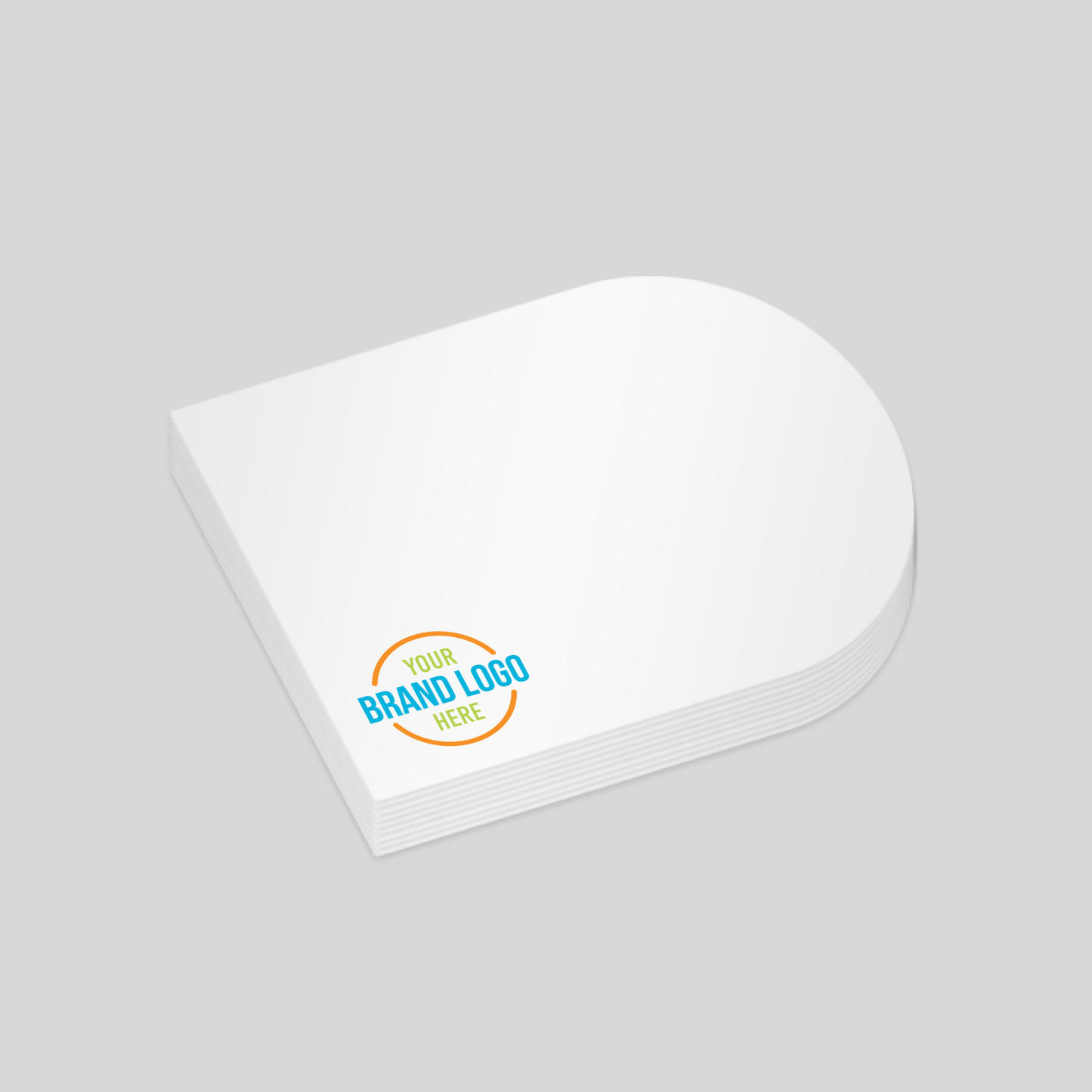 Rounded corner-shaped notepad with a white surface and a customisable logo area at the bottom right corner. A sleek and modern option for promotional branding.