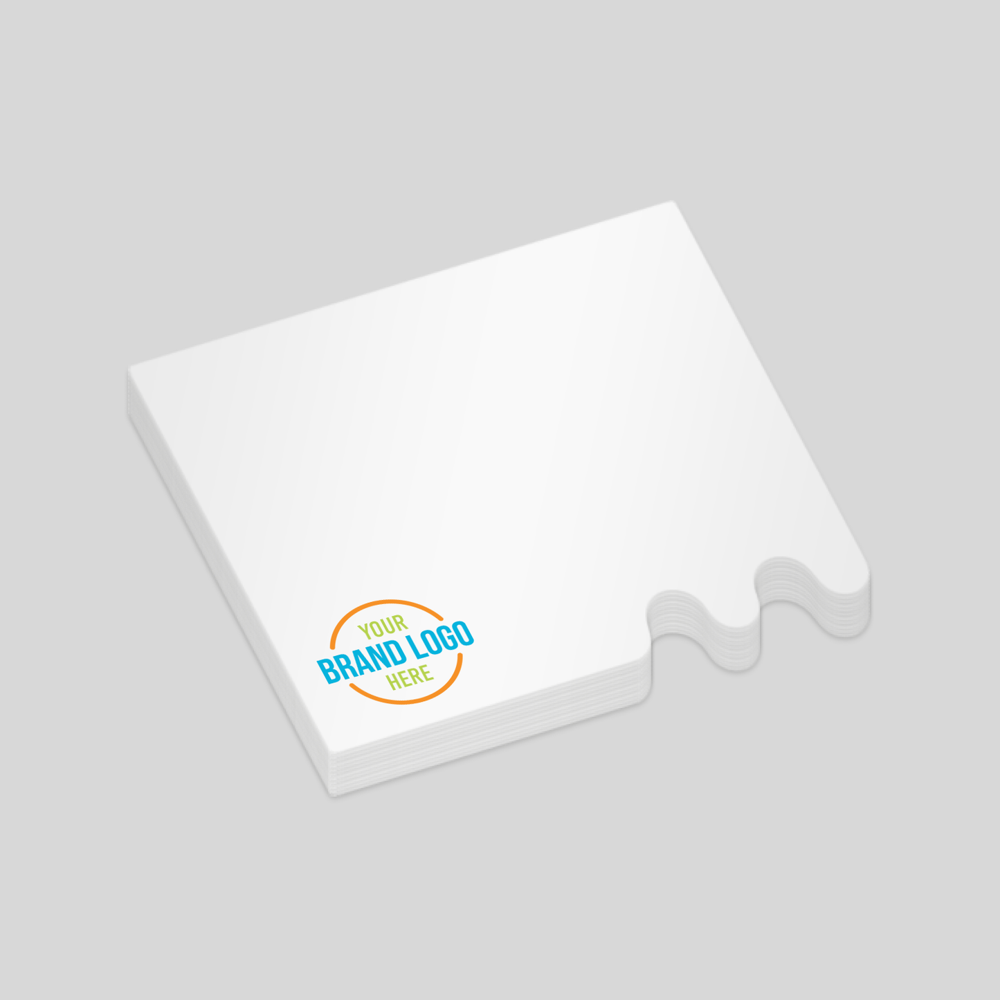 Square notepad with a unique cut-out design on one side, featuring a white surface and a customisable logo area at the bottom right corner. A distinctive option for eye-catching promotional branding.