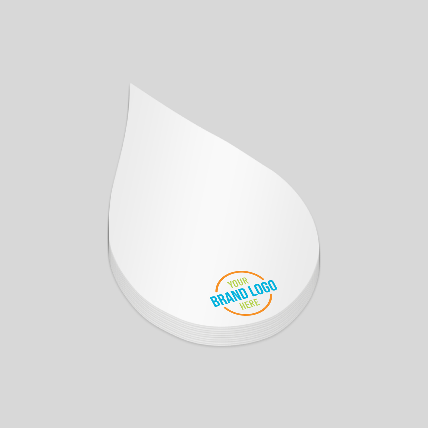 Drop-shaped notepad with a white surface and a customisable logo area at the bottom right corner. A stylish and dynamic choice for promotional branding.