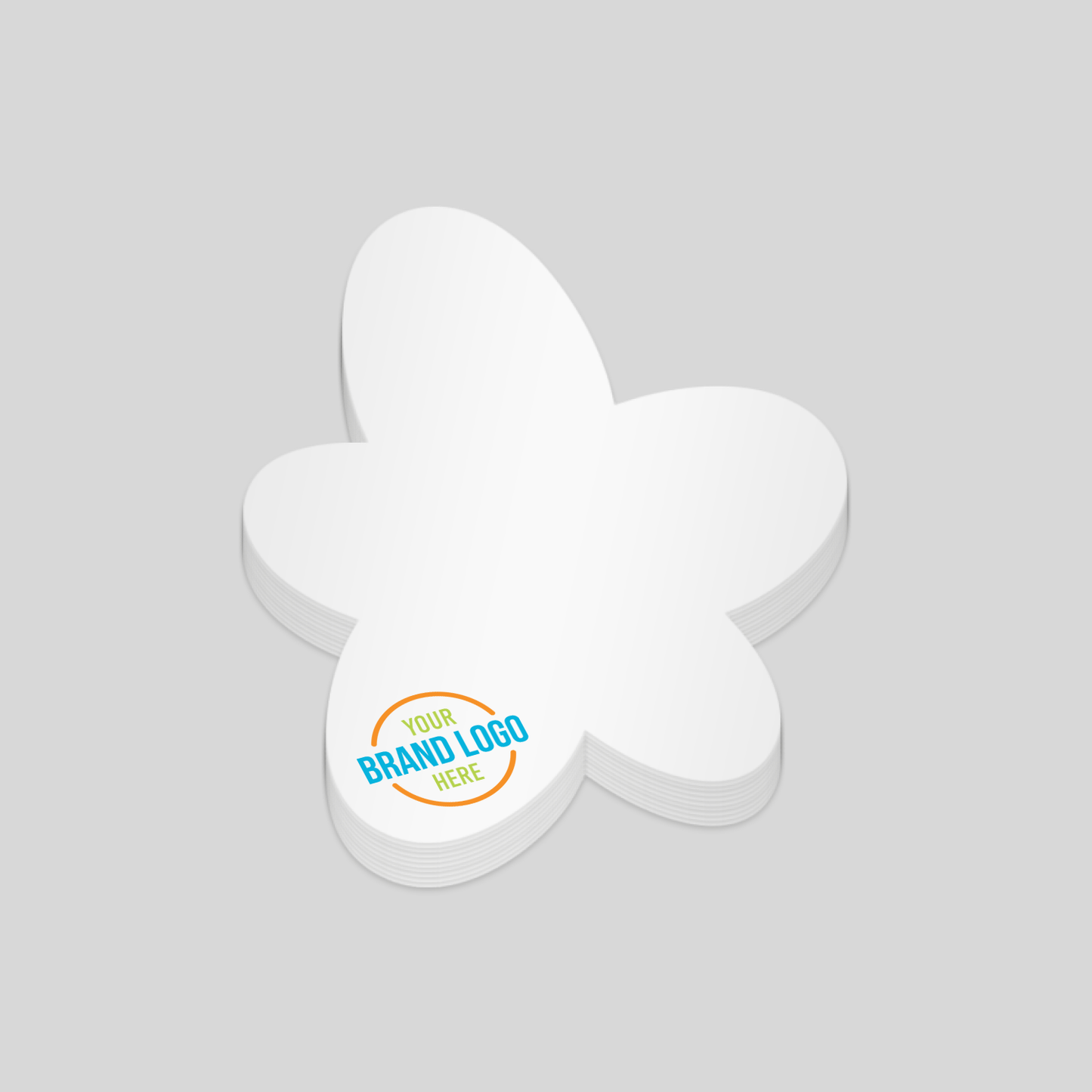 Flower-shaped notepad with a white surface and a customisable logo area at the bottom. A cheerful and unique option for promotional branding.
