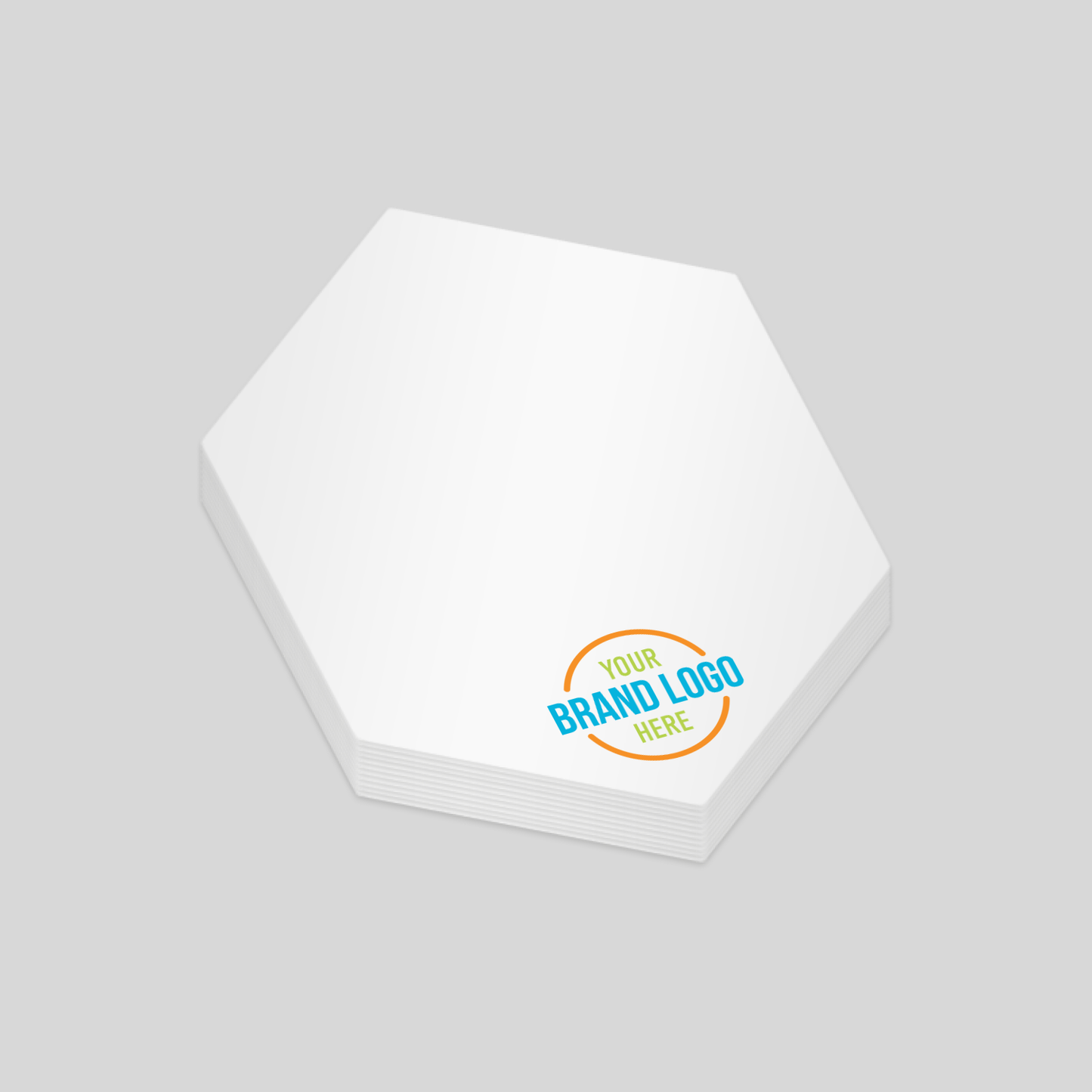 Hexagon-shaped notepad with a white surface and a customisable logo area at the bottom. A modern and geometric option for promotional branding.