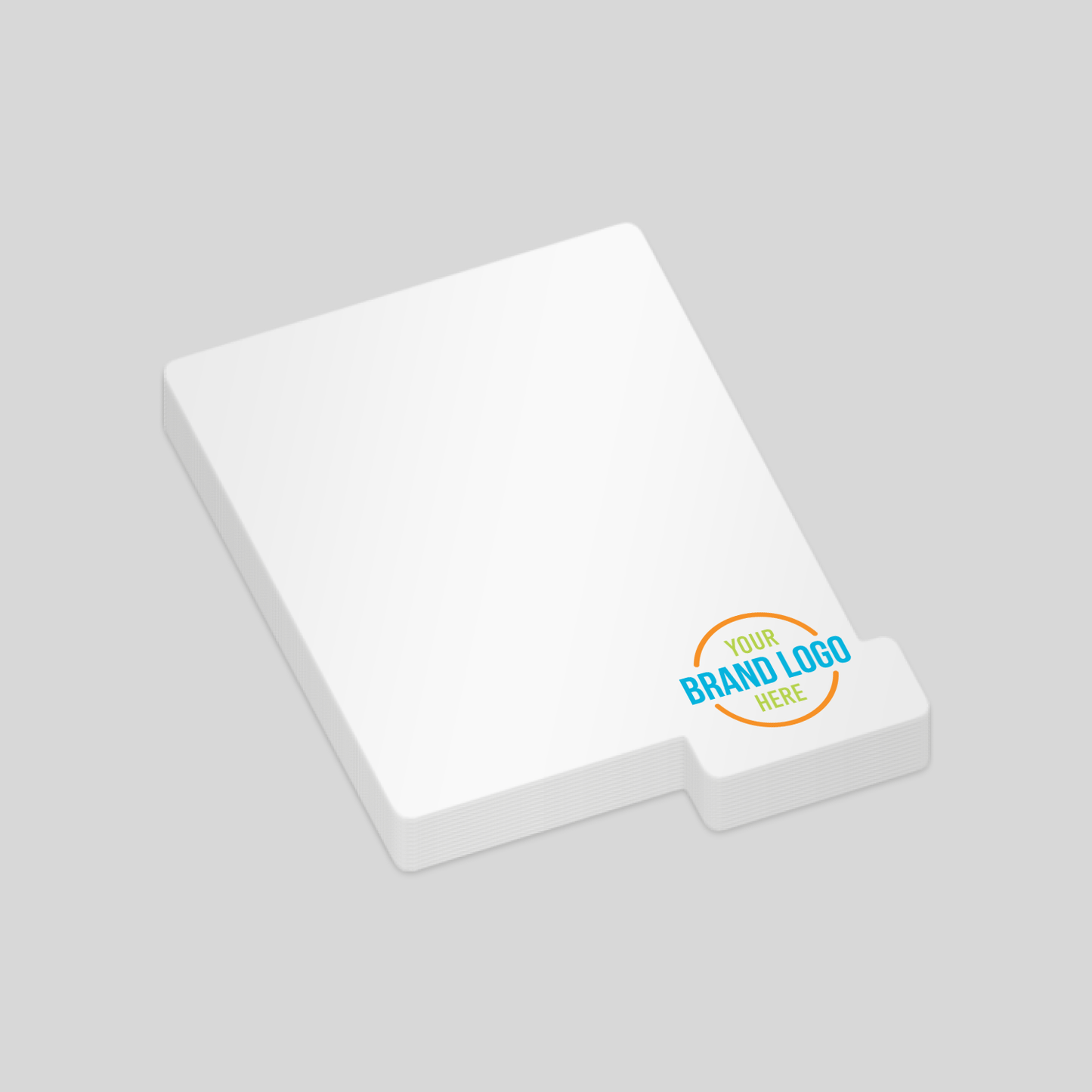 House-shaped notepad featuring a clean white surface and a customisable logo section at the bottom. Perfect for real estate branding or home-themed promotions.