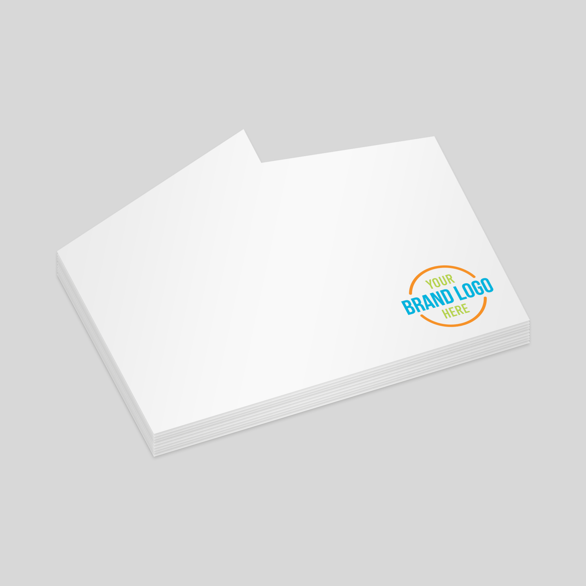Notepad in a unique shed-shaped design with a stair-step cut on one side. Features a white surface with a customisable logo area at the bottom right corner, ideal for branding.