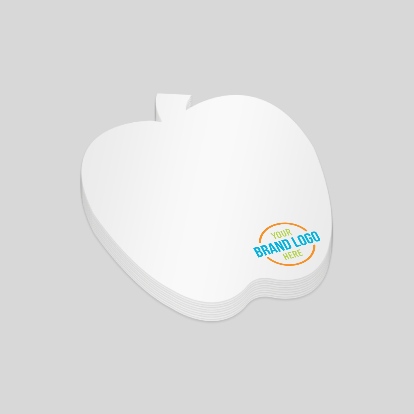 Apple-shaped notepad with a white surface and a customisable logo area at the bottom right corner. A creative and memorable option for promotional branding.