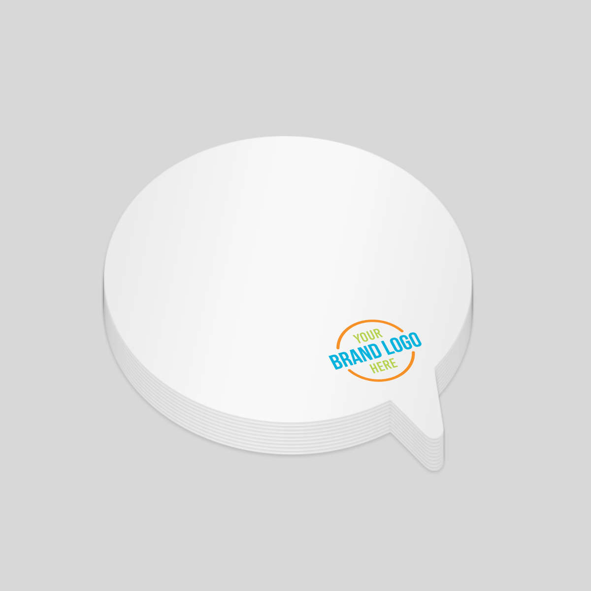 Speech bubble-shaped notepad with a white surface and a customisable logo area at the bottom right corner. A fun and interactive way to showcase your branding.
