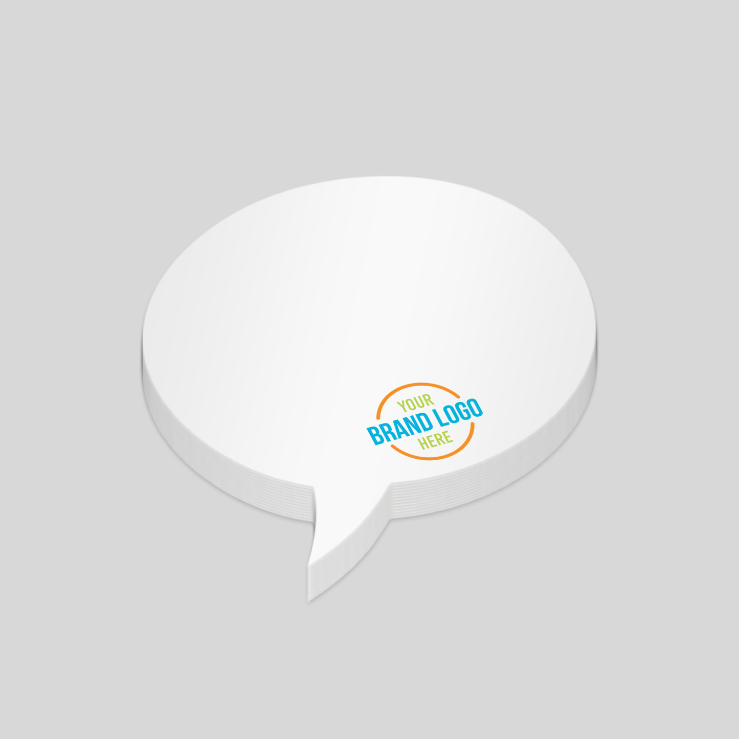 Speech bubble-shaped notepad with a sleek white surface and a customisable logo area positioned at the bottom right corner. Great for eye-catching promotional campaigns.