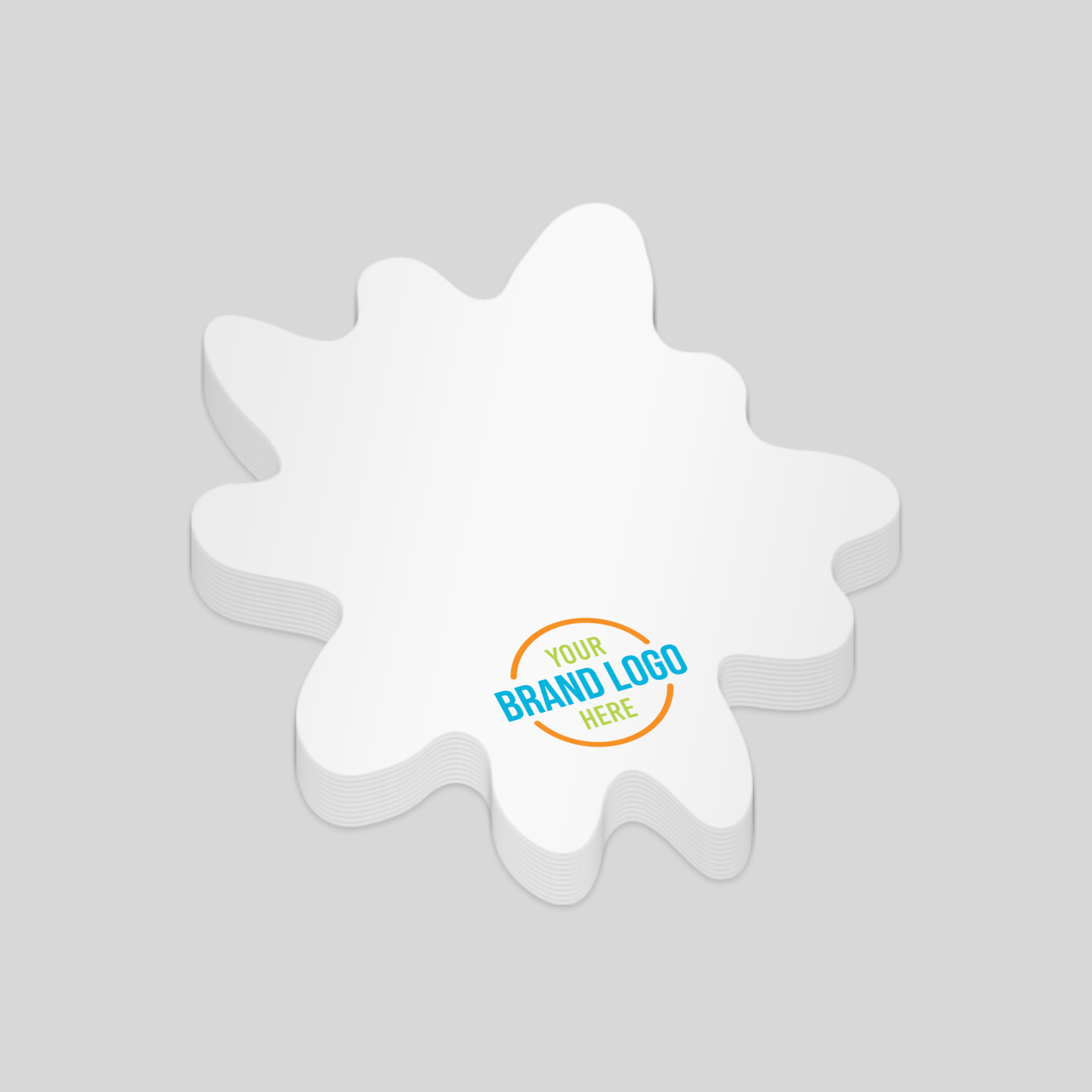 Splatter-shaped notepad with a white surface and a customisable logo area at the bottom right corner. A bold and fun option for promotional branding.