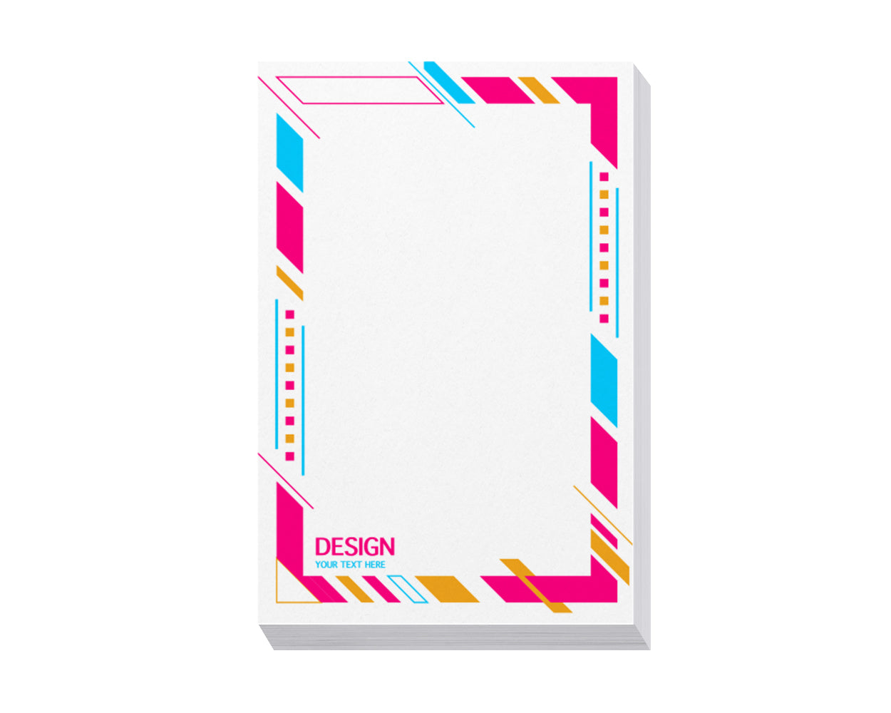 This image showcases a vibrant custom notepad with a colourful geometric border design. The layout provides ample space for writing, while the bold patterns in pink, blue, and yellow create a modern and eye-catching look. The bottom left features a placeholder for personalised text, making it ideal for branding or promotional purposes. Perfect for businesses looking to leave a memorable impression.