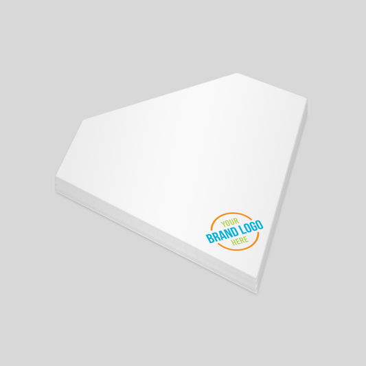 Diamond-shaped notepad with angled edges, featuring a white surface and a customisable logo area at the bottom right corner. A sleek and elegant option for promotional branding.