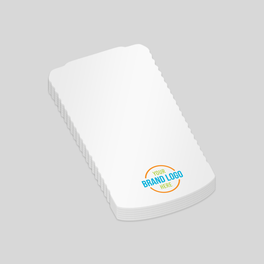Custom-shaped notepad with a white surface, featuring a branded logo design area at the bottom right corner. The edges have a scalloped pattern for a unique look.
