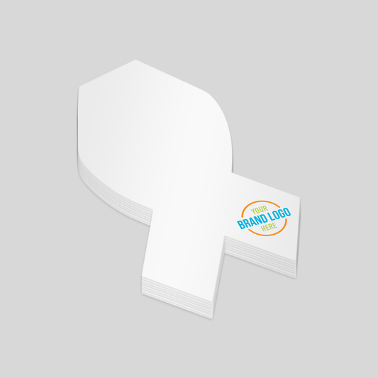 Custom notepad in a ribbon shape with a white surface and a designated logo area at the bottom right corner. Perfect for personalised branding.