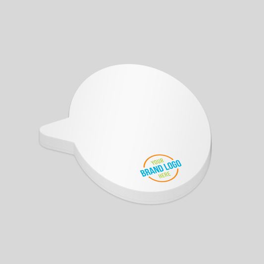 Rounded rectangle-shaped notepad with a white surface and a customisable logo area at the bottom right corner. Ideal for branded promotional use.
