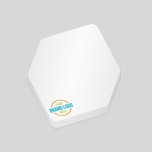 Hexagon-shaped notepad with a white surface and a customisable logo area at the bottom corner. A creative option for branded promotional materials.