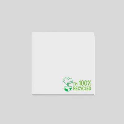 75mm by 75mm sticky pad with 'IM 100% recycled' logo