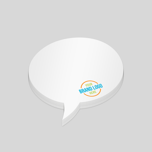 Speech bubble-shaped notepad with a larger design, featuring a white surface and a customisable logo area at the bottom right corner. Perfect for playful and engaging promotional branding.