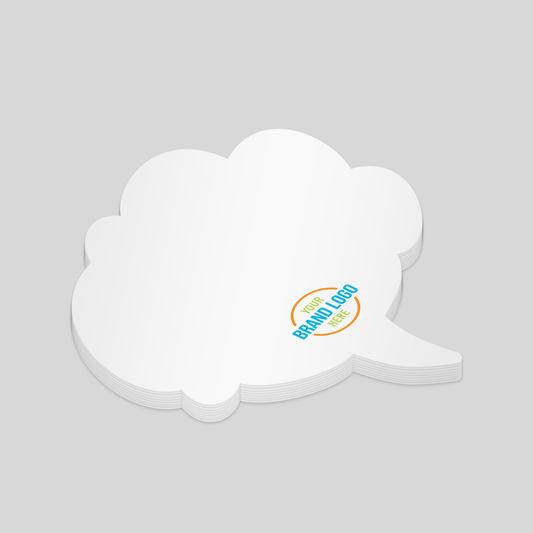 Cloud-shaped speech bubble notepad with a white surface and a customisable logo area at the bottom right corner. A creative and whimsical option for branded promotions.